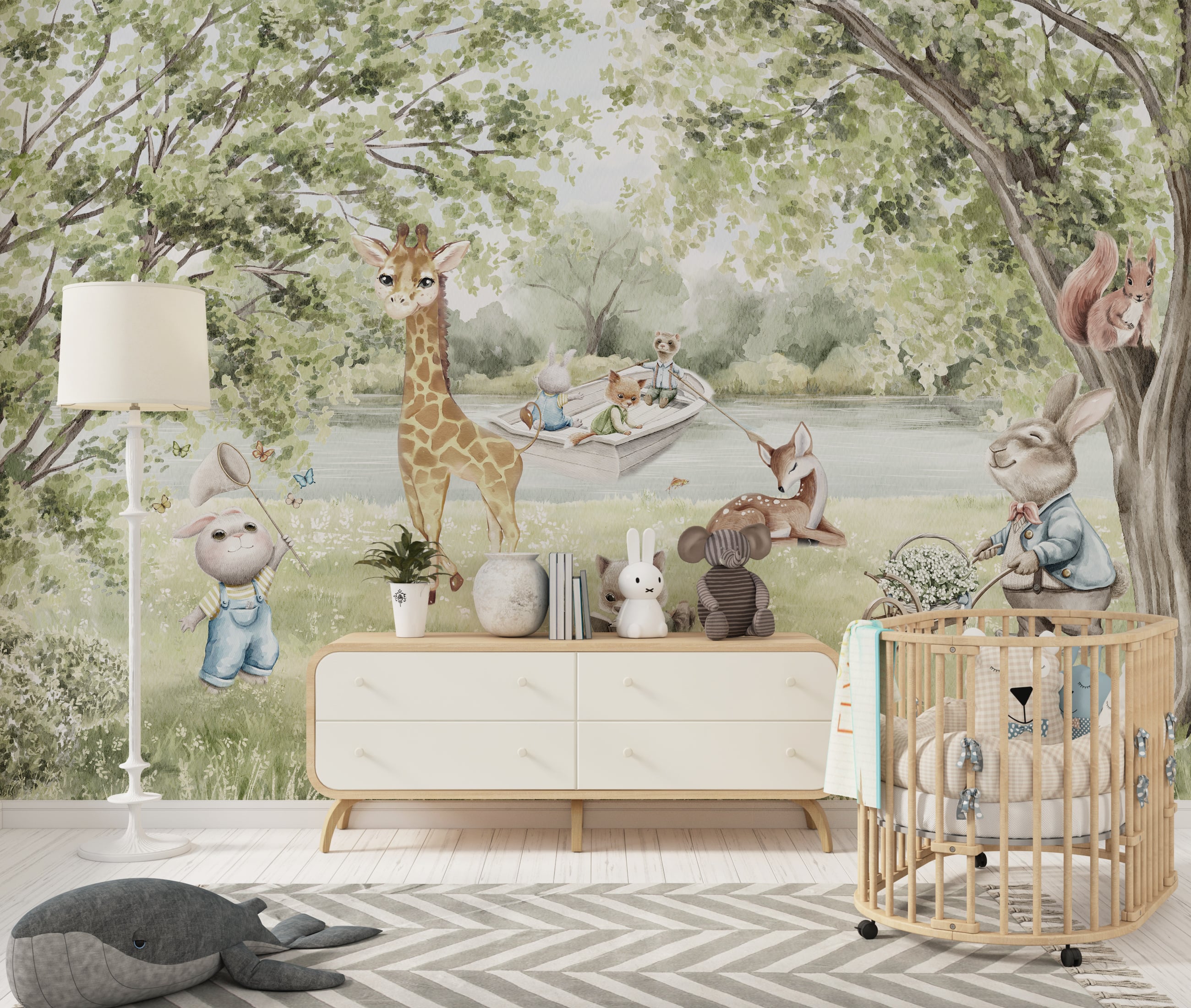 Storybook woodland mural for nursery and kids room