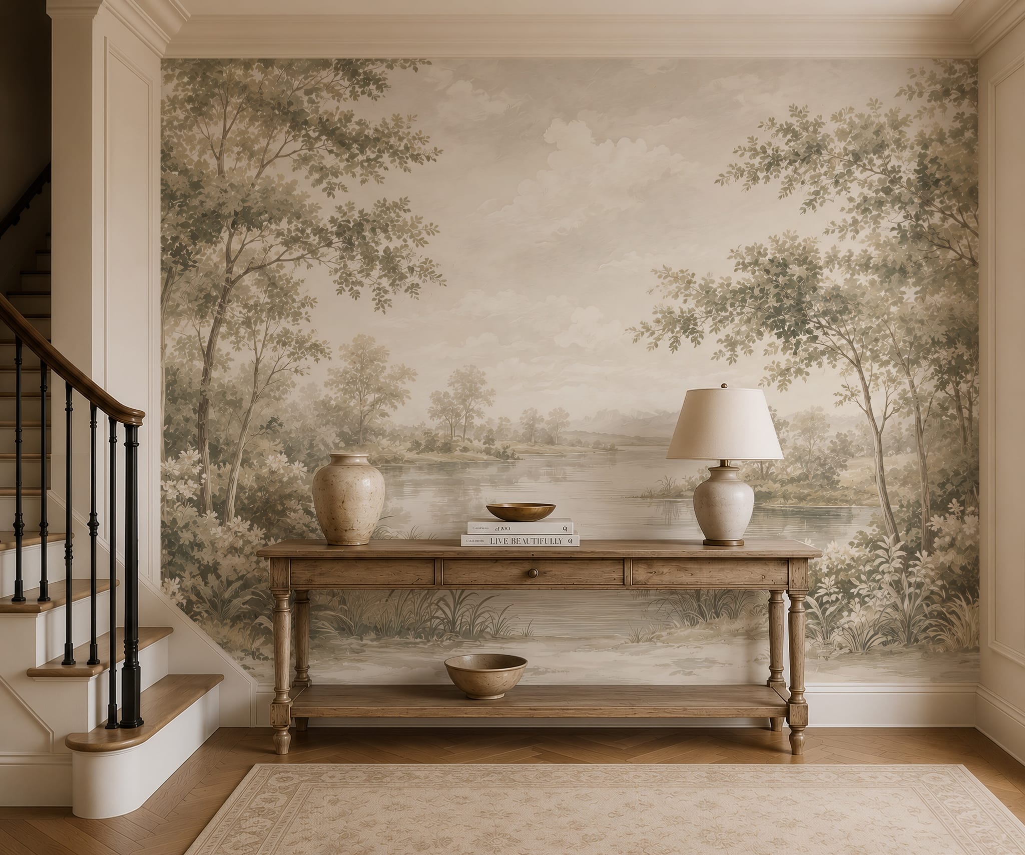 Beige forest landscape wallpaper mural for a calm and elegant bedroom interior
