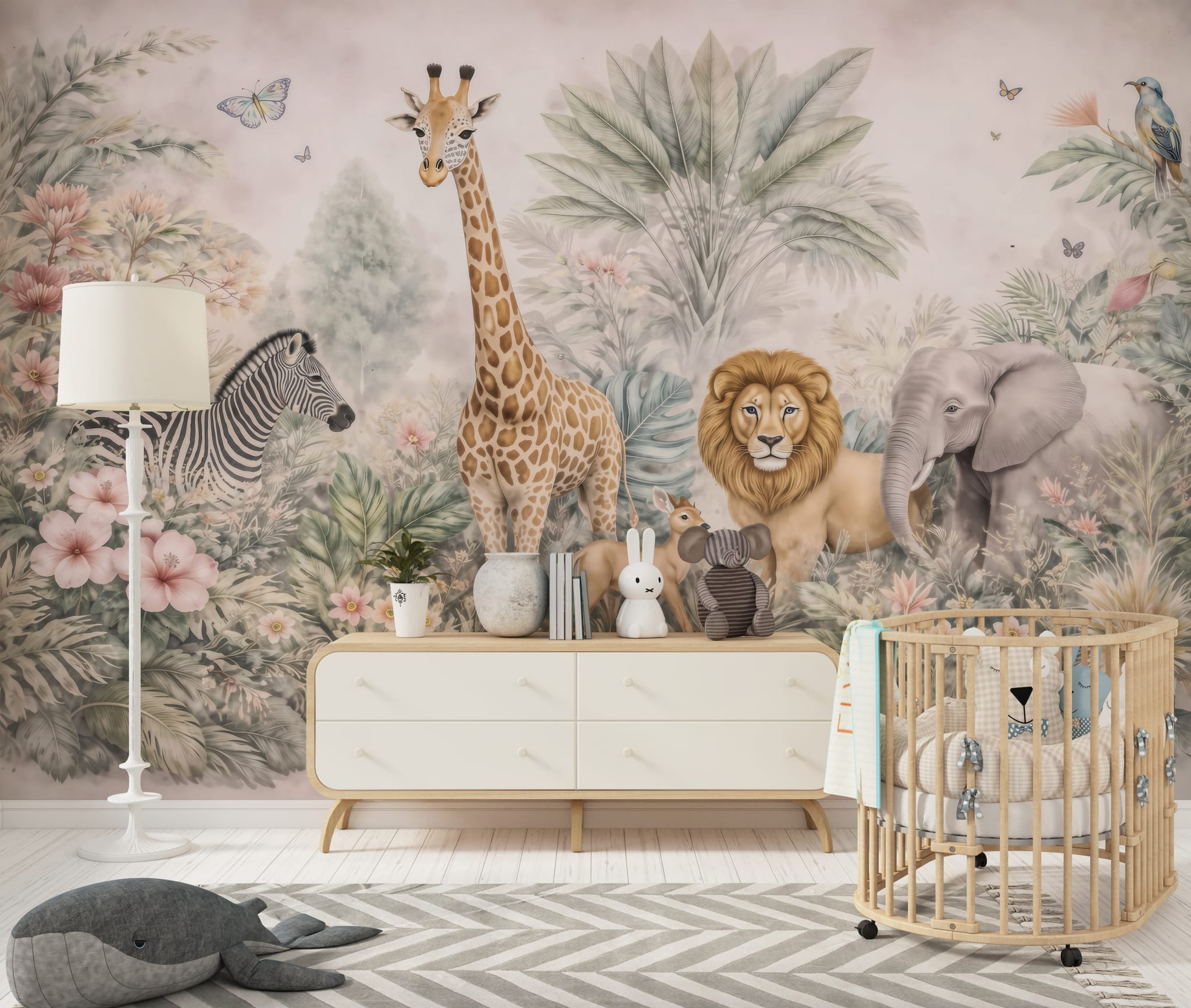 Blush jungle nursery mural featuring large watercolor safari animals surrounded by soft botanical foliage