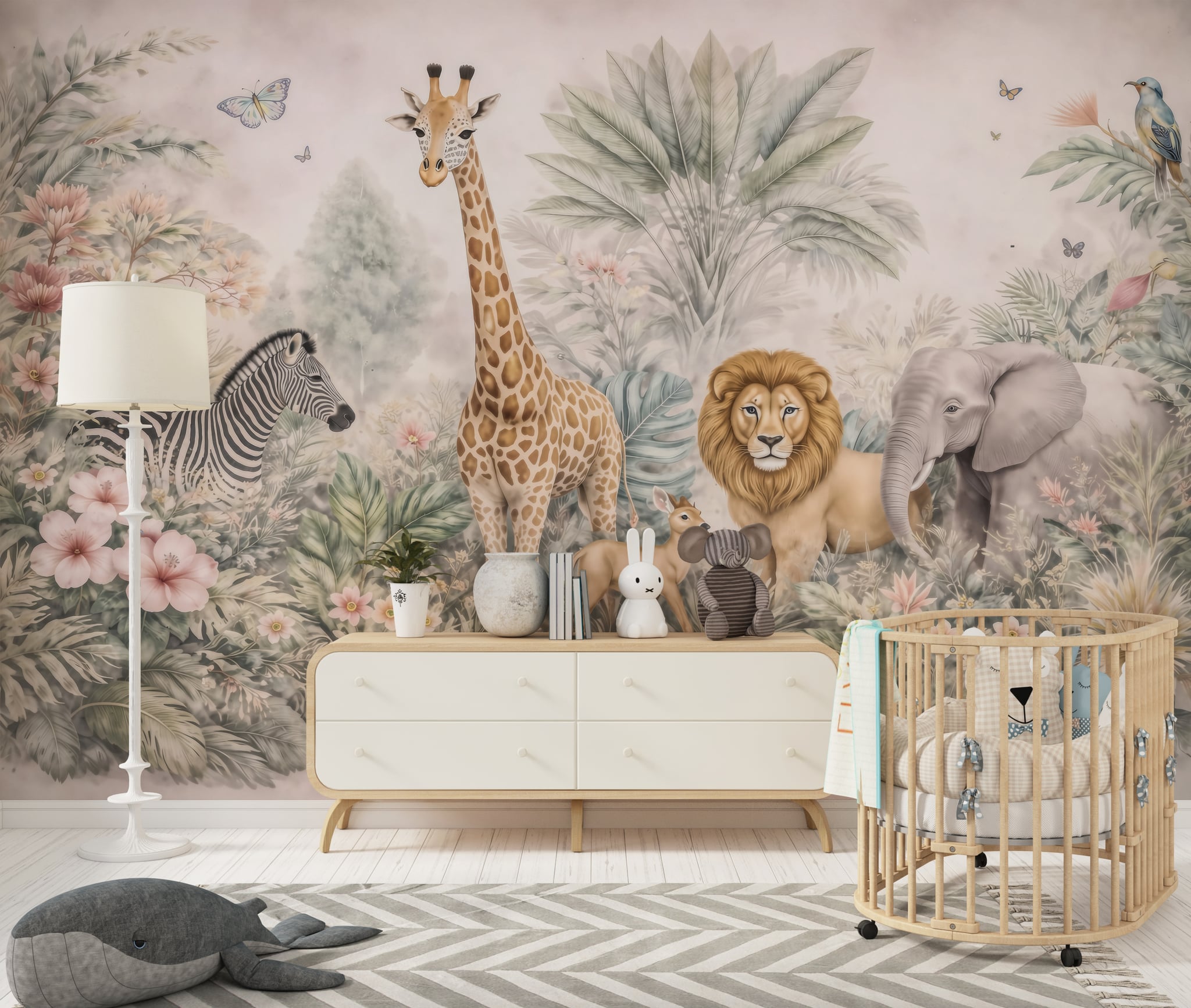 Blush jungle nursery mural featuring large watercolor safari animals surrounded by soft botanical foliage