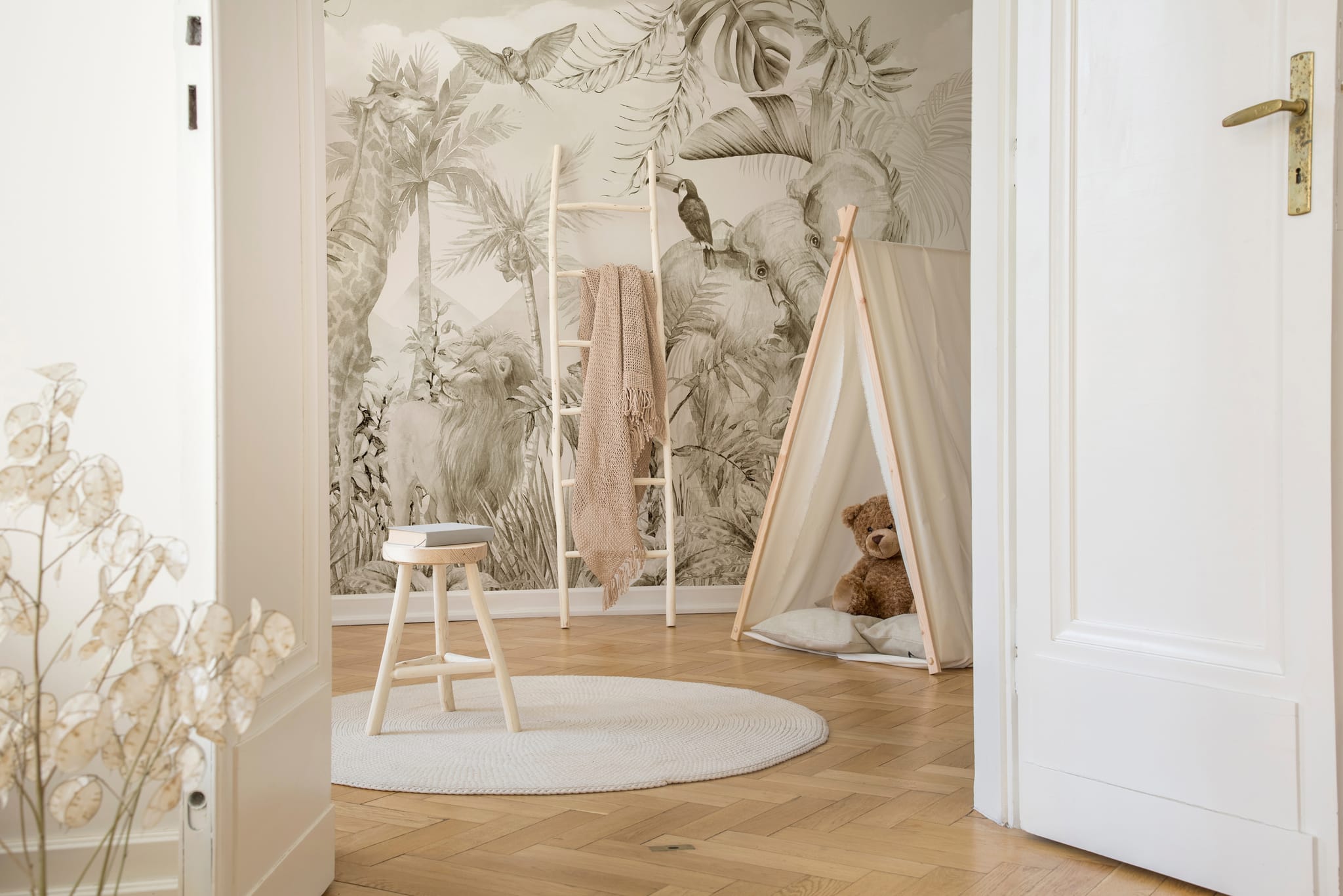 Neutral safari jungle wallpaper with giraffe elephant and lion