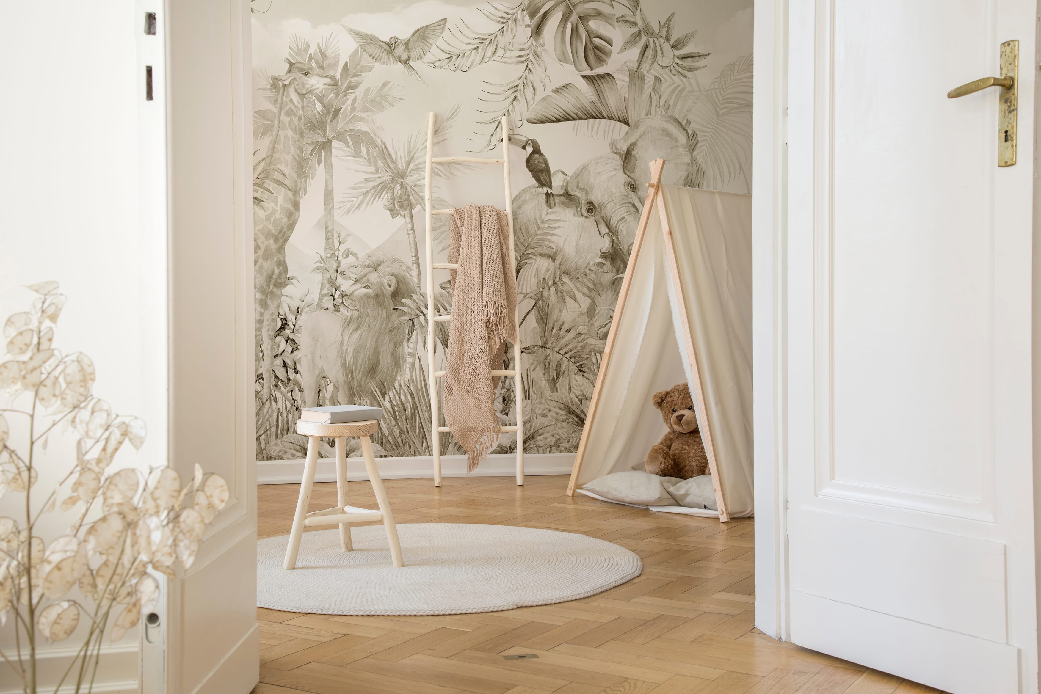 Neutral safari jungle wallpaper with giraffe elephant and lion