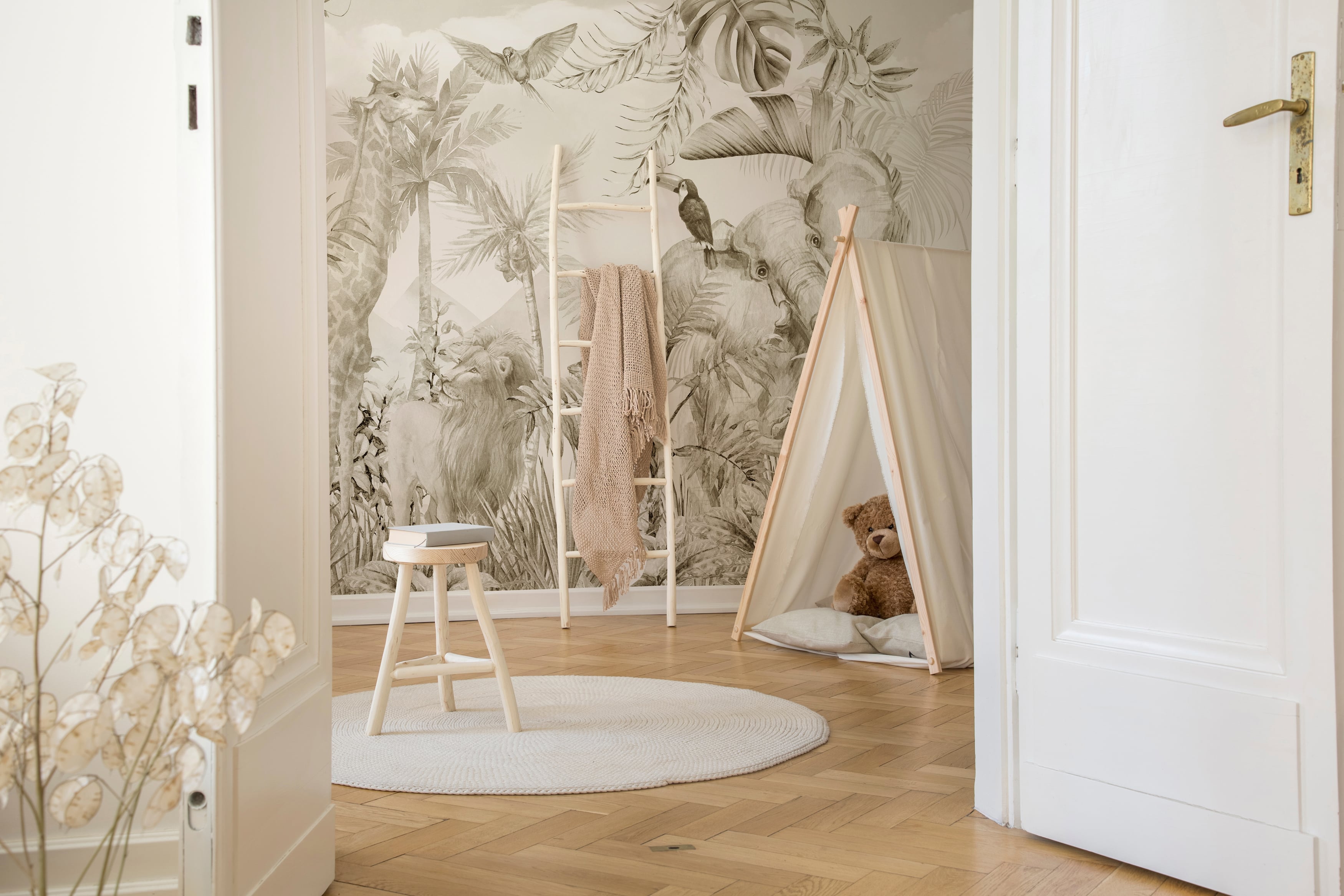 Neutral safari jungle wallpaper with giraffe elephant and lion