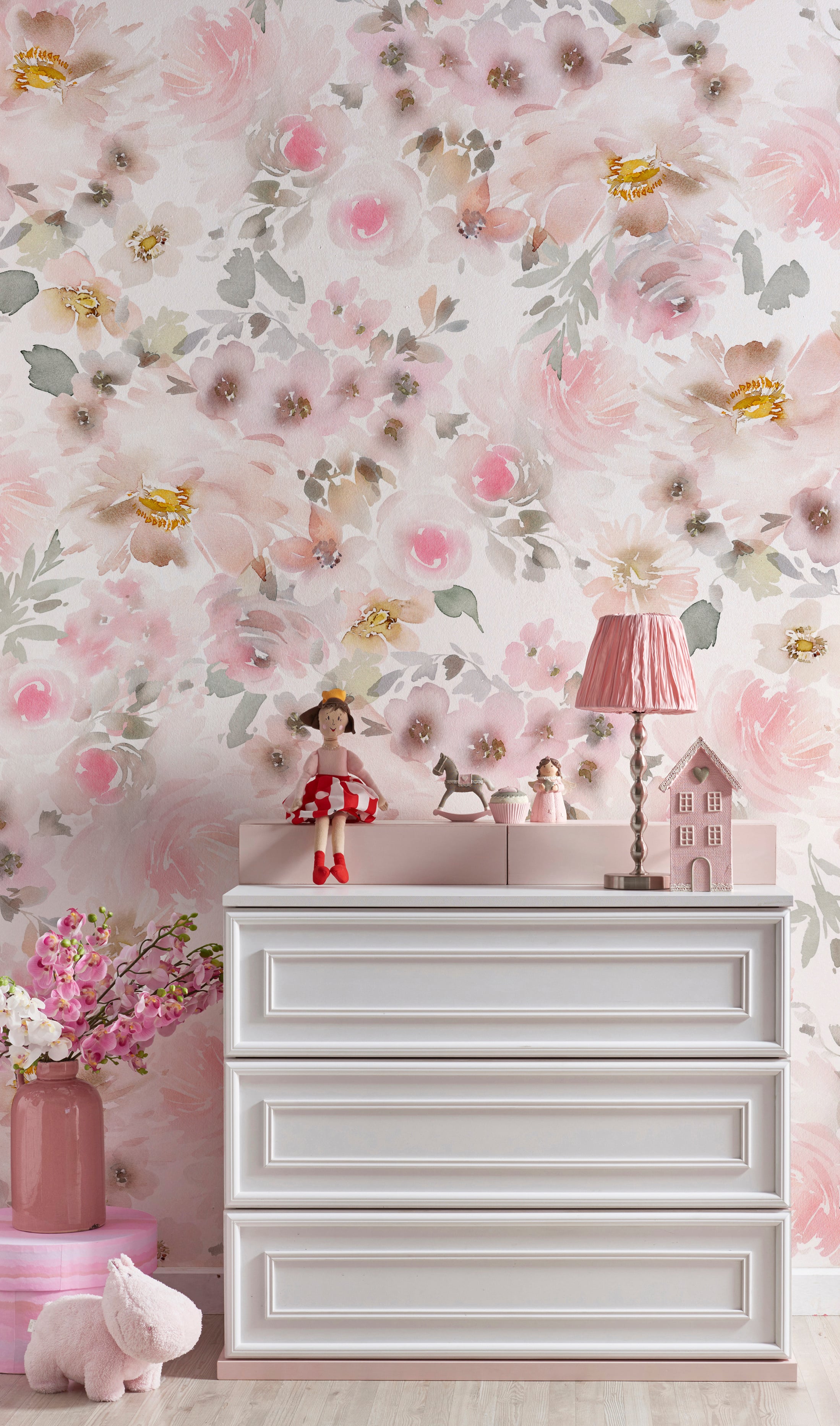 Watercolor floral wallpaper for nursery room