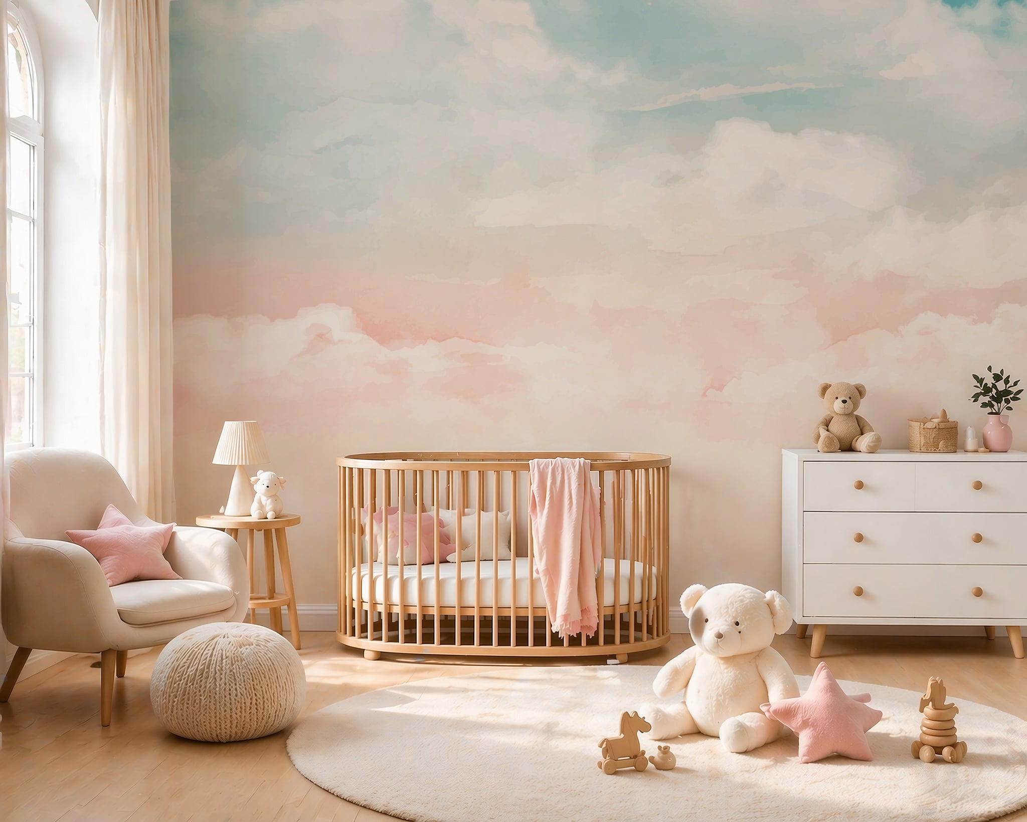 Pastel cloud wallpaper in nursery room