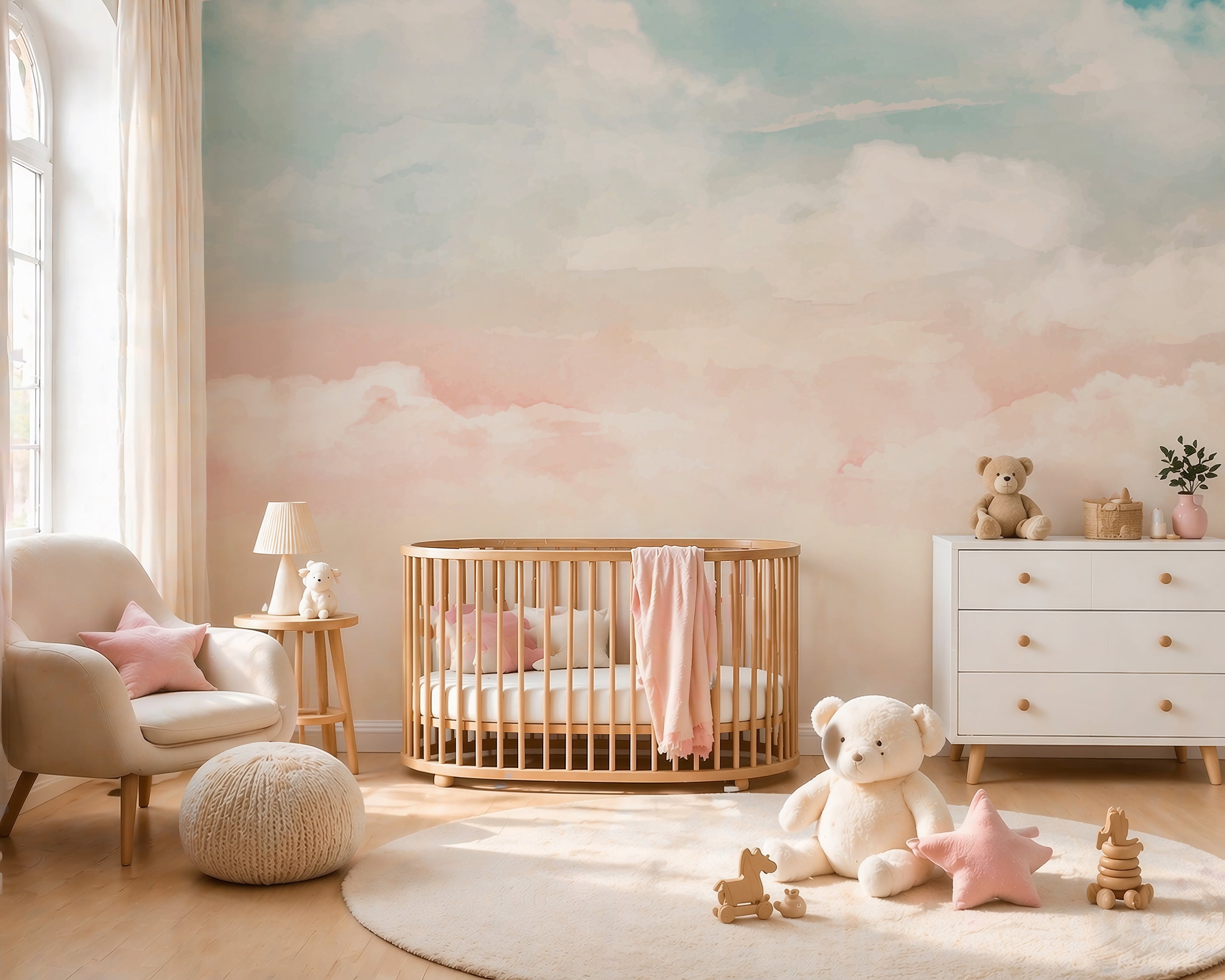 Pastel cloud wallpaper in nursery room