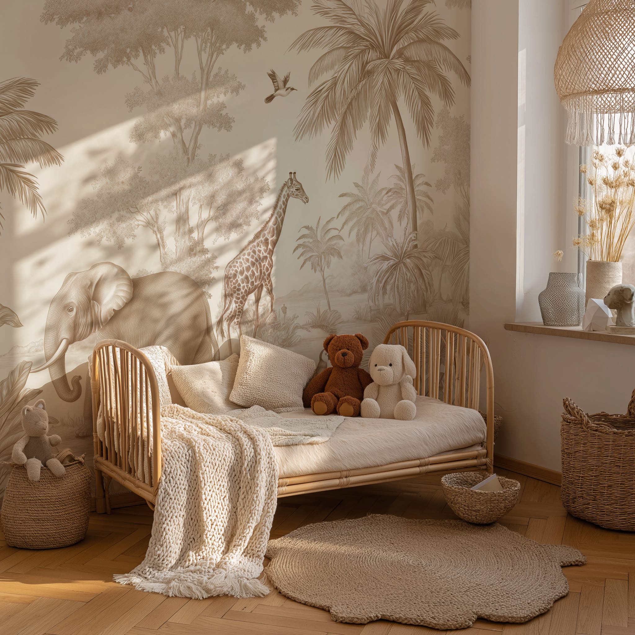Neutral tropical wallpaper with giraffe and elephant illustrations