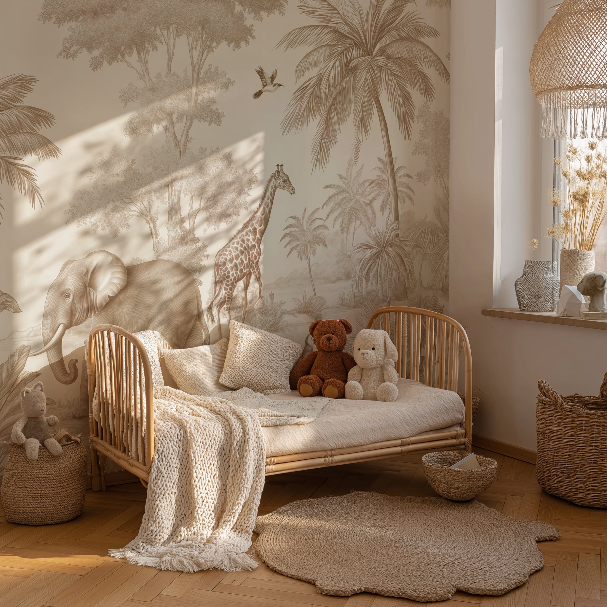 Neutral tropical wallpaper with giraffe and elephant illustrations