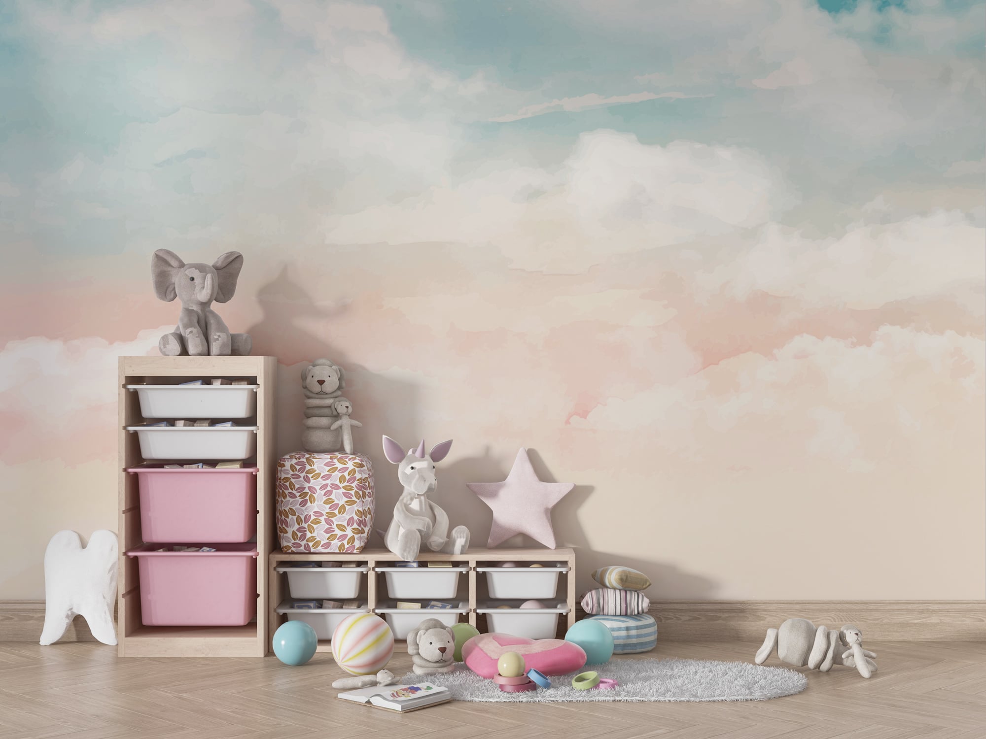 Soft sky mural for girls bedroom