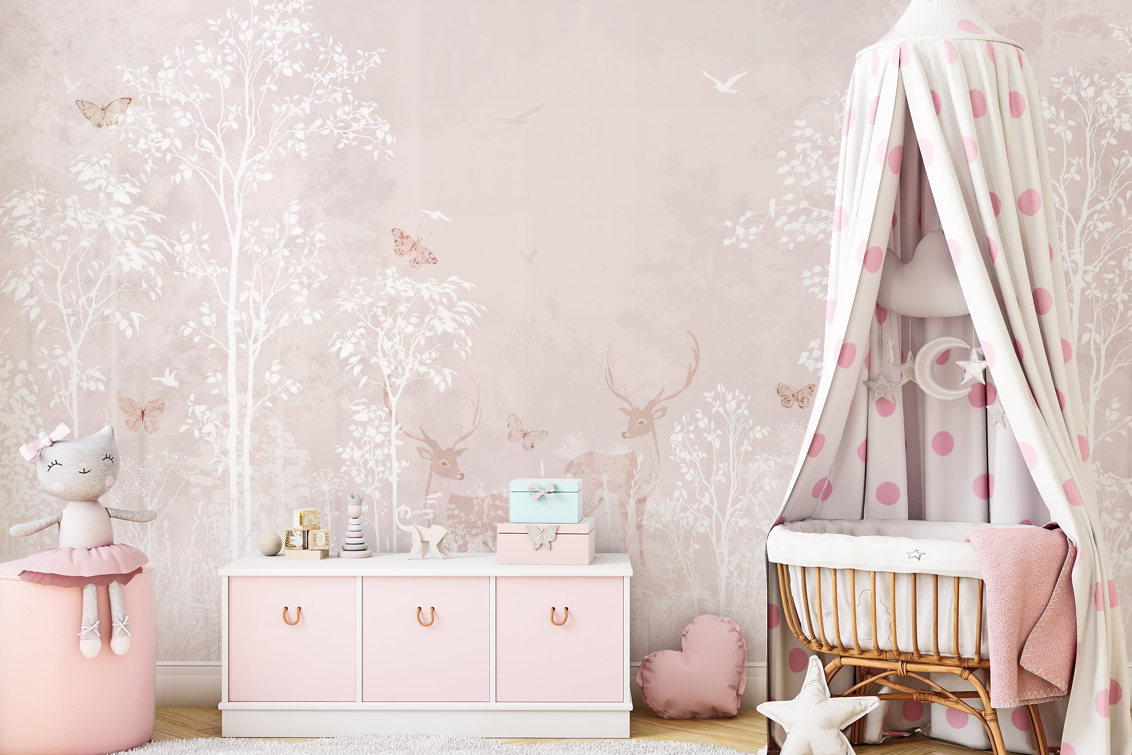Soft pink forest mural for baby girl nursery
